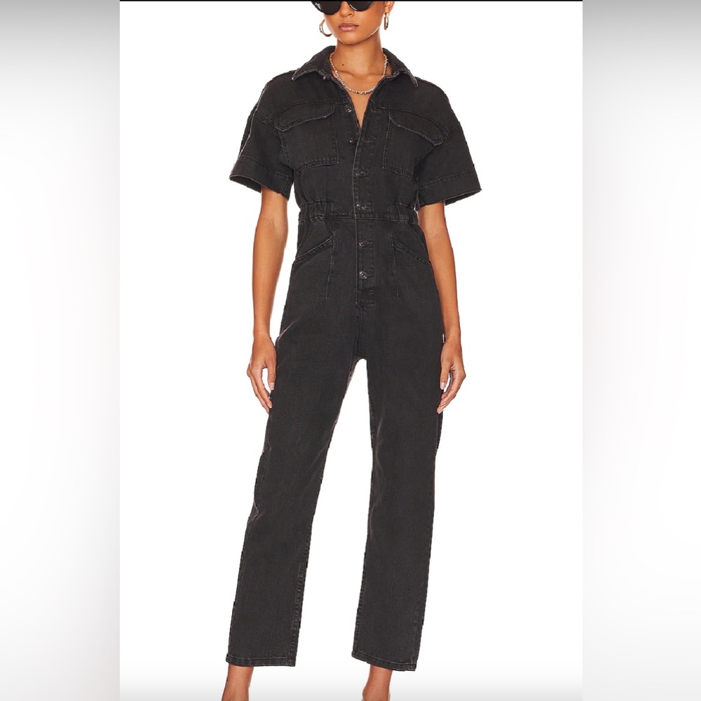 Free People Black Short-Sleeve Denim Jumpsuit